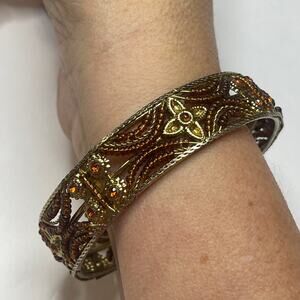 bangle bracelet gold tone burnt orange and amber colors costume jewelry